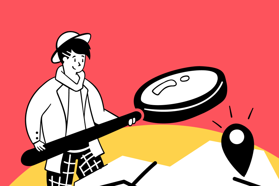 Ilustracja: Młody mężczyzna w czapce i płaszczu trzyma dużą lupę, badając pinezkę lokalizacyjną na mapie.