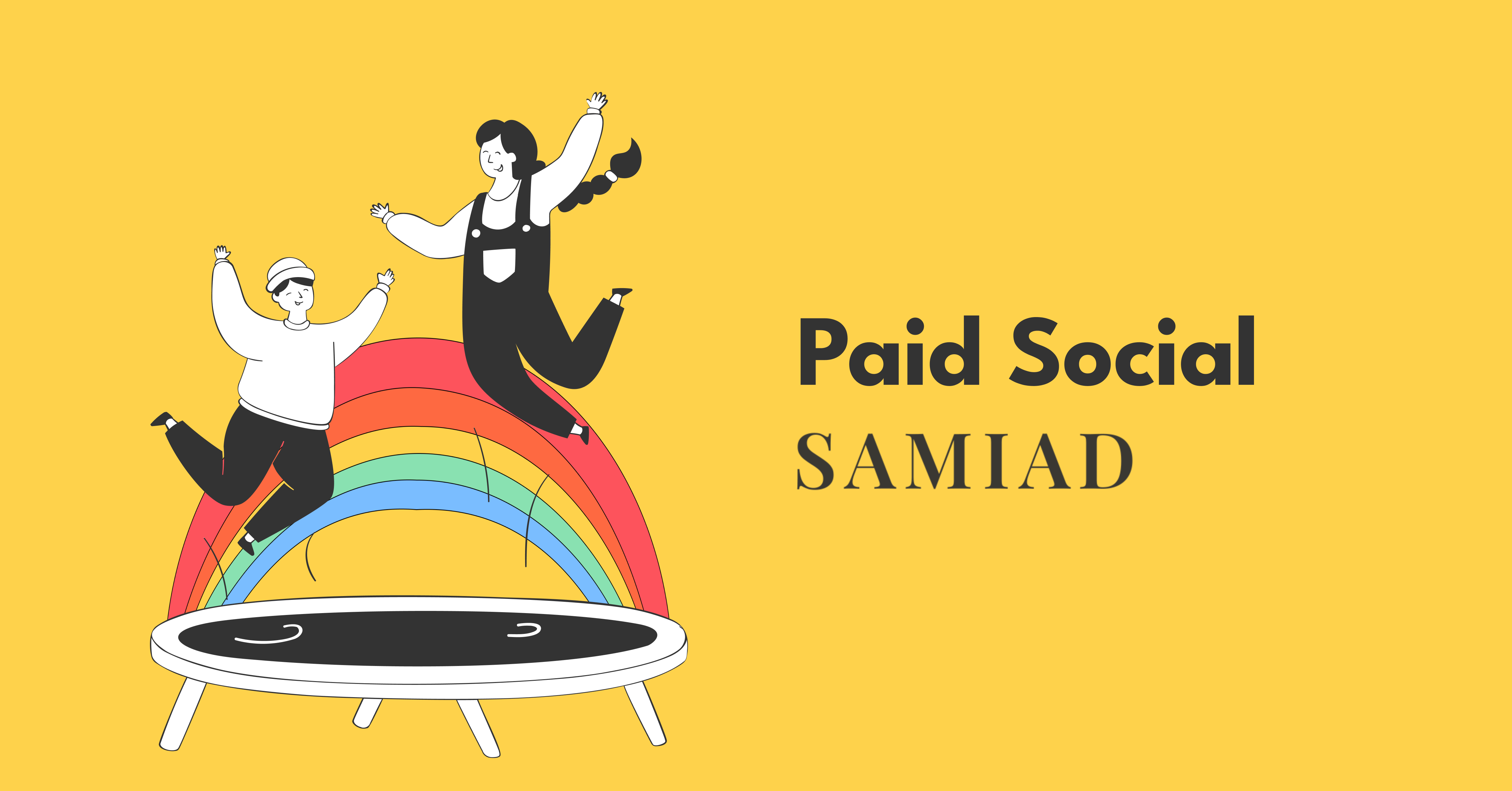 Dwie osoby skaczą radośnie na trampolinie z tęczą w tle. Tekst: Paid Social SAMIAD.