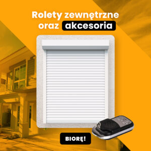 Biała roleta zewnętrzna na tle nowoczesnego domu i pomarańczowego tła. Widoczny pilot do sterowania roletą.