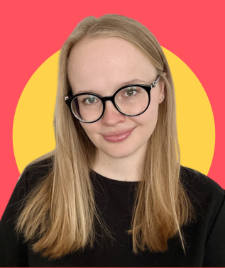 Young woman with long blonde hair and black round glasses smiles against a red and yellow circle background.