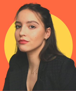 Young woman with dark hair, wearing a black blazer, against a bright orange and yellow circle background.