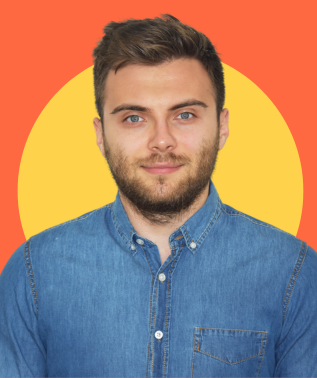 Young man with dark hair and a beard, wearing a denim shirt, centered against a yellow circle on an orange background.
