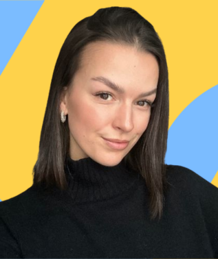 Young woman with dark hair, wearing a black turtleneck, smiling slightly against a yellow and blue abstract background.