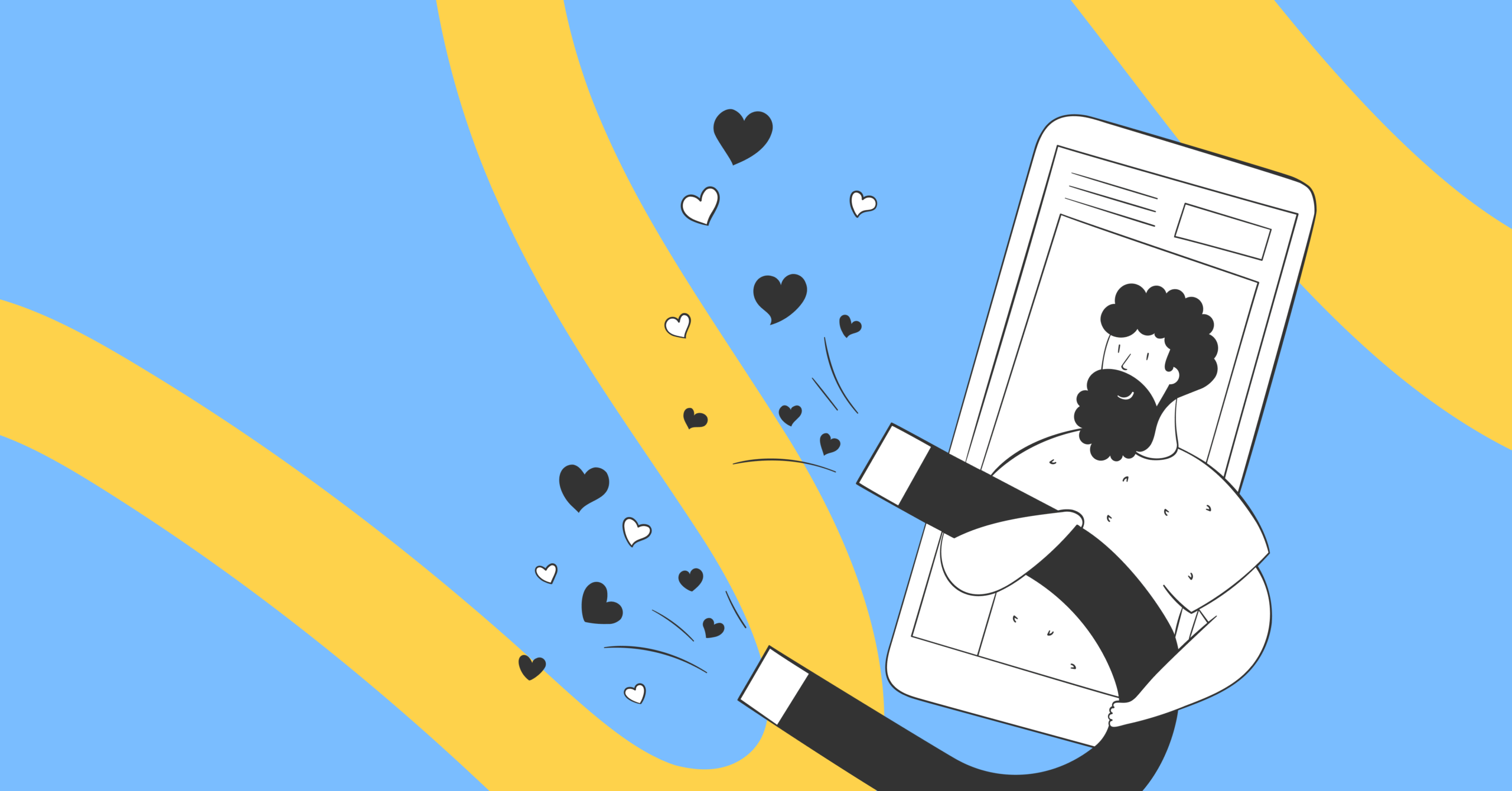Ilustracja przedstawia mężczyznę z brodą na ekranie telefonu, przyciągającego serduszka magnesem na tle niebiesko-żółtym.