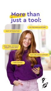 Uśmiechnięta rudowłosa kobieta w fioletowym swetrze trzyma telefon z celownikiem na ekranie. Wokół niej etykiety: łatwa integracja, bez wysiłku technicznego, darmowy okres próbny, szybkie wsparcie.