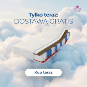 Kreacja reklamowa Marpur - przekrój materaca kieszeniowego z warstwami pianki i kokosu unoszący się na chmurach, hasło "Tylko teraz: dostawa gratis" i przycisk "Kup teraz"