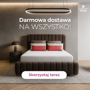 Kreacja reklamowa Marpur - brązowe łóżko tapicerowane z czerwonymi poduszkami w ciemnej, nowoczesnej sypialni, hasło "Darmowa dostawa na wszystko!" i przycisk "Skorzystaj teraz"