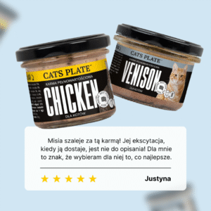 Dwa słoiczki karmy dla kotów Cats Plate: kurczak i dziczyzna. Poniżej cytat z recenzji i pięć złotych gwiazdek.