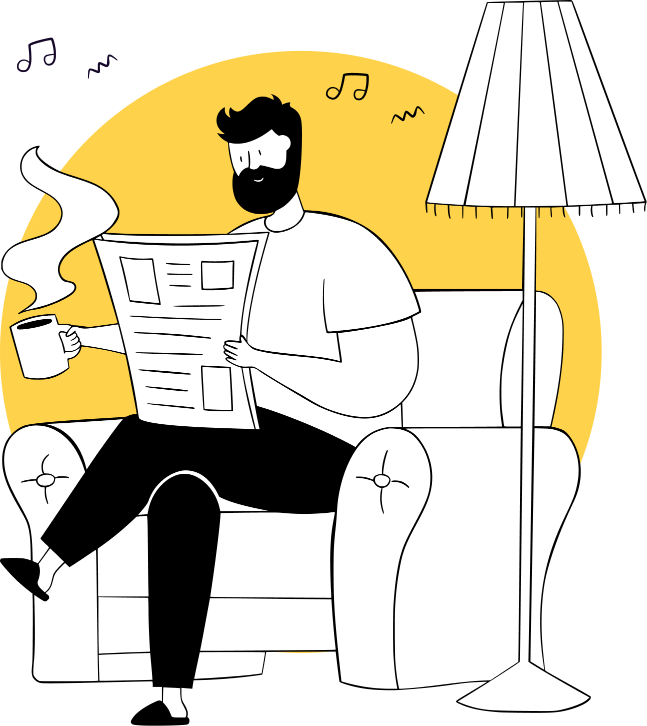 Mężczyzna z brodą siedzi w fotelu, czyta gazetę i trzyma parujący kubek kawy. Obok stoi lampa podłogowa.