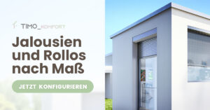 Reklama Timo Komfort: Żaluzje i rolety na wymiar. Widoczny fragment nowoczesnego białego budynku z częściowo opuszczoną roletą.