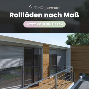 Reklama TIMO_KOMFORT: rolety na wymiar. Przycisk: Konfiguruj teraz. Widok balkonu z roletami.