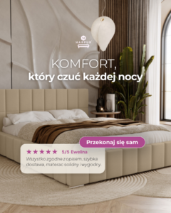 Kreacja reklamowa Marpur - beżowe łóżko tapicerowane w nowoczesnej sypialni, hasło "Komfort, który czuć każdej nocy", opinia klientki 5/5 i przycisk "Przekonaj się sam"