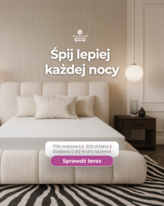 Kreacja reklamowa Marpur - kremowe łóżko tapicerowane z materacem w beżowej sypialni, hasło "Śpij lepiej każdej nocy", promocja -70% na materace i przycisk "Sprawdź teraz"
