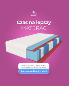 Kreacja reklamowa Marpur na różowym tle - przekrój materaca kieszeniowego z warstwami pianki i sprężynami, hasło "Czas na lepszy materac", promocja -70% na materace i przycisk "Zamów online już dziś"