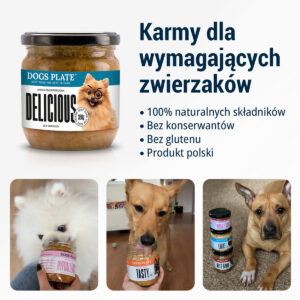 Reklama karmy Dogs Plate: Słoik 'Delicious' z psem, tekst o karmie dla wymagających zwierząt i trzy zdjęcia psów jedzących karmę ze słoików.