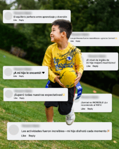 Uśmiechnięty chłopiec w żółtej koszulce trzyma żółtą piłkę, otoczony dymkami z pozytywnymi opiniami po hiszpańsku.