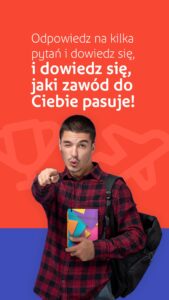 Młody mężczyzna w koszuli w kratę mruga i wskazuje palcem, trzymając kolorowy notatnik. Tekst: Dowiedz się, jaki zawód do Ciebie pasuje!