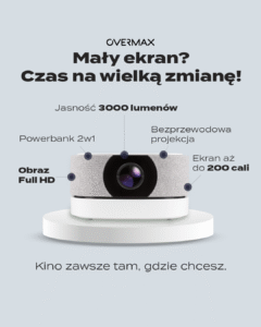 Przenośny projektor Overmax z obudową imitującą tkaninę, wyświetlający obraz Full HD, jasność 3000 lumenów i ekran do 200 cali.