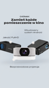 Trzy projektory Overmax: okrągły biało-szary, czarny Full HD i czarny z Androidem. Hasło: Zamień każde pomieszczenie w kino.