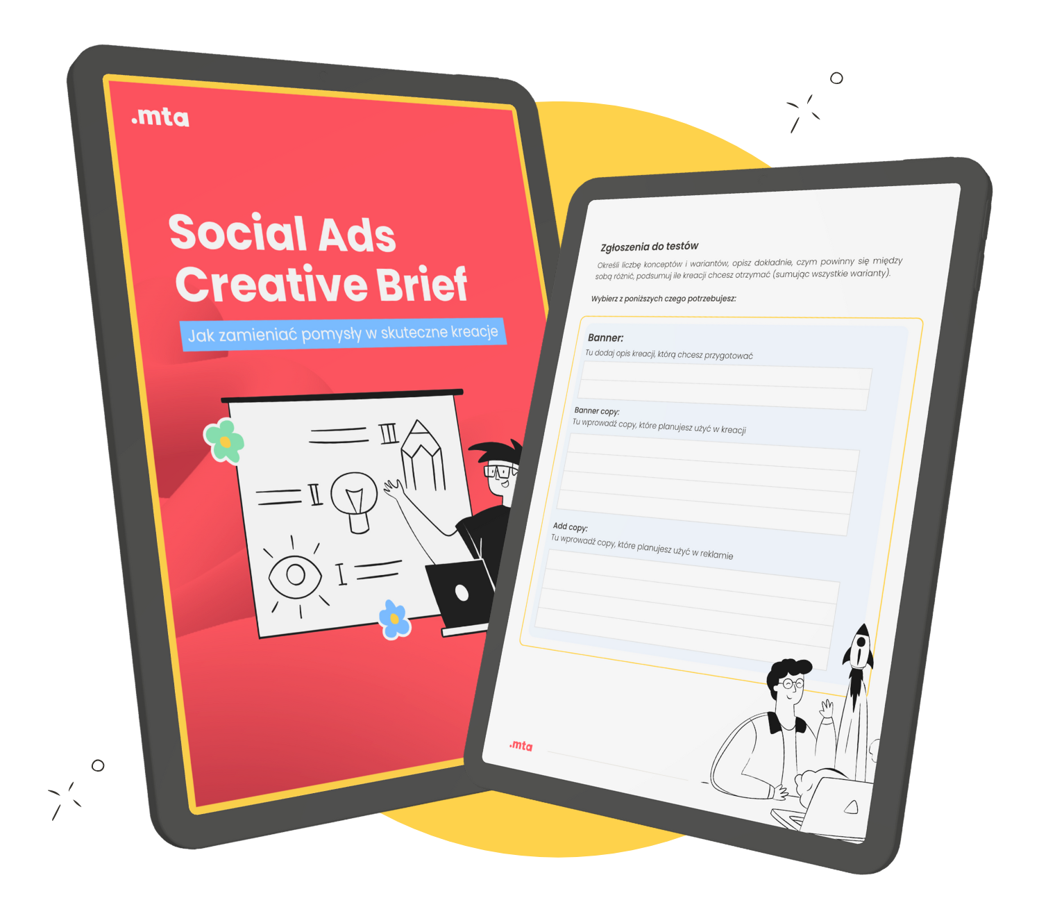 Dwa tablety: jeden z okładką "Social Ads Creative Brief", drugi z formularzem "Zgłoszenia do testów" i ilustracjami.