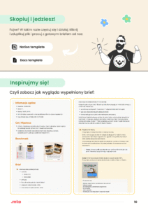 Strona z instrukcjami, linkami do szablonów Notion i Docs oraz sekcją 'Inspirujmy się!' z wytycznymi briefu marketingowego.