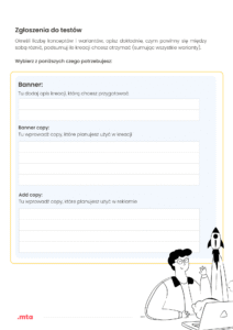 Formularz zgłoszenia do testów z polami do wpisania opisu bannera, copy bannera i copy dodatkowego, z ilustracją osoby przy laptopie i rakiety.