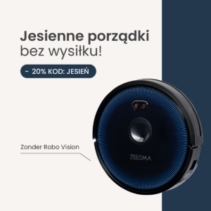 Czarny robot sprzątający Zeegma Zonder Robo Vision z niebieskim podświetleniem, z hasłem 'Jesienne porządki bez wysiłku!' i kodem rabatowym.