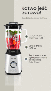 Srebrny blender kielichowy Zeegma z dzbankiem 1,75 l wypełnionym truskawkami i lodem. Posiada pokrętło regulacji i 3 przyciski funkcji.