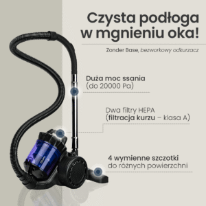 Czarno-niebieski odkurzacz Zonder Base bezworkowy z przezroczystym pojemnikiem na kurz i akcesoriami, z tekstem reklamowym.