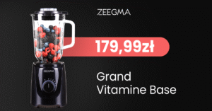 Czarny blender Zeegma Grand Vitamine Base z dzbankiem pełnym malin, jeżyn i borówek. Cena 179,99 zł.