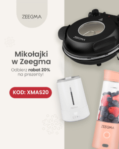 Reklama świąteczna Zeegma: piec do pizzy, nawilżacz i blender z owocami. Kod rabatowy: XMAS20.
