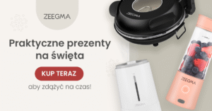 Reklama Zeegma: Praktyczne prezenty na święta. Widoczne akcesoria: czarny opiekacz, biały i różowy blender kielichowy z owocami.