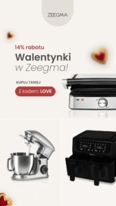 Advertisement for Zeegma Valentine's sale: 14% off with code LOVE, featuring a contact grill, mixer, and dual-basket air fryer.