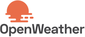 Logo OpenWeather: pomarańczowe słońce zachodzące nad wodą i szary napis 'OpenWeather'.
