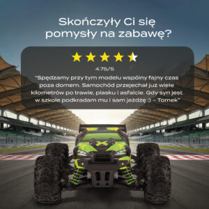 Czarny i zielony samochód RC typu monster truck na torze wyścigowym, z recenzją 4.75/5 gwiazdek.