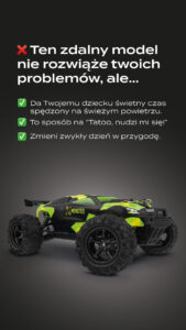 Black and neon green X-Monster RC truck with large tires against a dark gray gradient background.