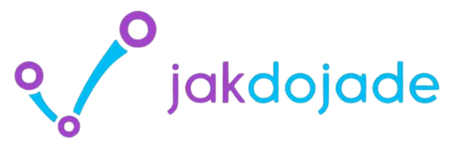 Logo Jakdojade: fioletowe kropki połączone niebieską, zakrzywioną linią, obok nazwa "jakdojade".