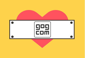 Logo GOG.com na białym tle na tle różowego serca i żółtego tła.