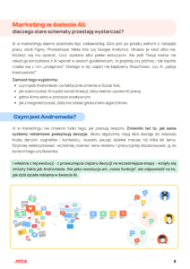 Grafika przedstawia slajd edukacyjny zatytułowany „Marketing w świecie AI: dlaczego stare schematy przestają wystarczać?”. Górną część wypełnia tekst wyjaśniający rolę AI w marketingu oraz wprowadzenie do pojęcia Andromeda. Poniżej znajduje się sekcja z wyróżnionym nagłówkiem „Czym jest Andromeda?” oraz akapit opisujący zmianę sposobu podejmowania decyzji przez systemy reklamowe. W dolnej części umieszczono schemat lejka z ikonami reklam i użytkowników, ilustrujący proces selekcji i dopasowywania treści do odbiorców. Całość ma uporządkowany, ekspercki charakter i podkreśla, że AI zmienia nie tylko narzędzia, ale fundament działania kampanii reklamowych.