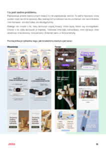 Grafika przedstawia slajd edukacyjny porównujący podejście do testowania kreacji reklamowych „wcześniej” i „teraz”. W górnej części znajduje się tekst wyjaśniający, że wiele podobnych kreacji nie oznacza realnych testów i nie daje wartościowych wniosków. Podkreślono potrzebę różnicowania komunikacji na poziomie narracji, obietnicy i person, a nie jedynie kosmetycznych zmian. W dolnej części widoczne są przykłady reklam zestawione w dwóch kolumnach. Po lewej („Wcześniej”) – zbliżone do siebie, schematyczne warianty. Po prawej („Teraz”) – wyraźnie różniące się koncepcje, formaty i kąty komunikacji. Całość wizualnie akcentuje zmianę myślenia: od mnożenia podobnych wersji do świadomego testowania odmiennych hipotez.