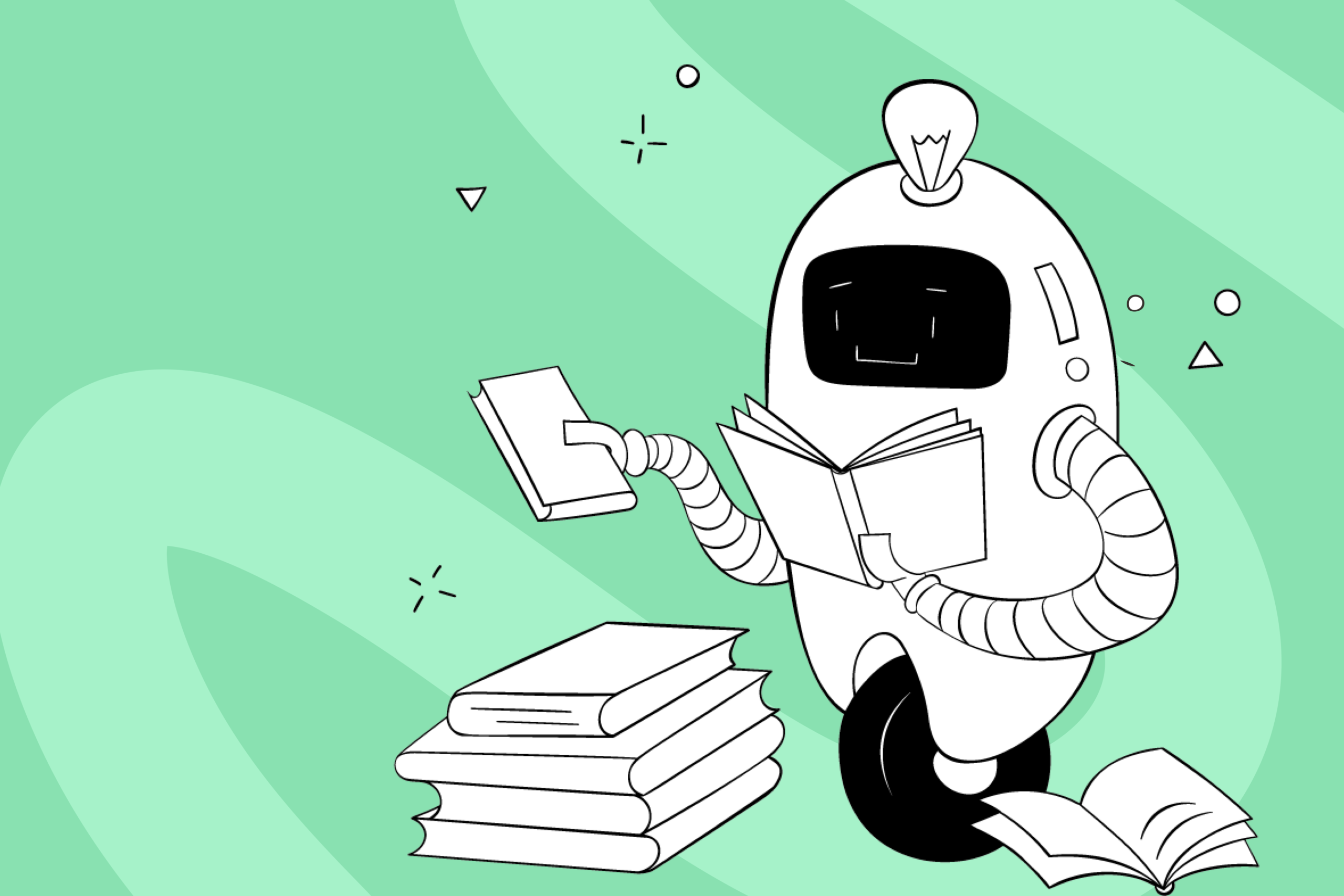 Ilustracja przedstawia stylizowanego robota z żarówką na głowie, siedzącego na jednym kole i czytającego otwartą książkę. W jednej ręce trzyma kolejną publikację, a obok niego znajduje się stos książek oraz jedna otwarta na podłodze. Tło utrzymane jest w zielonej kolorystyce z delikatnymi, falującymi kształtami i geometrycznymi akcentami. Całość ma lekki, nowoczesny charakter i symbolicznie łączy świat technologii z nauką oraz zdobywaniem wiedzy w obszarze marketingu i AI.
