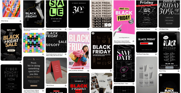 Przykłady reklam Black Friday pokazujące powtarzalne schematy wizualne i komunikacyjne w kampaniach promocyjnych