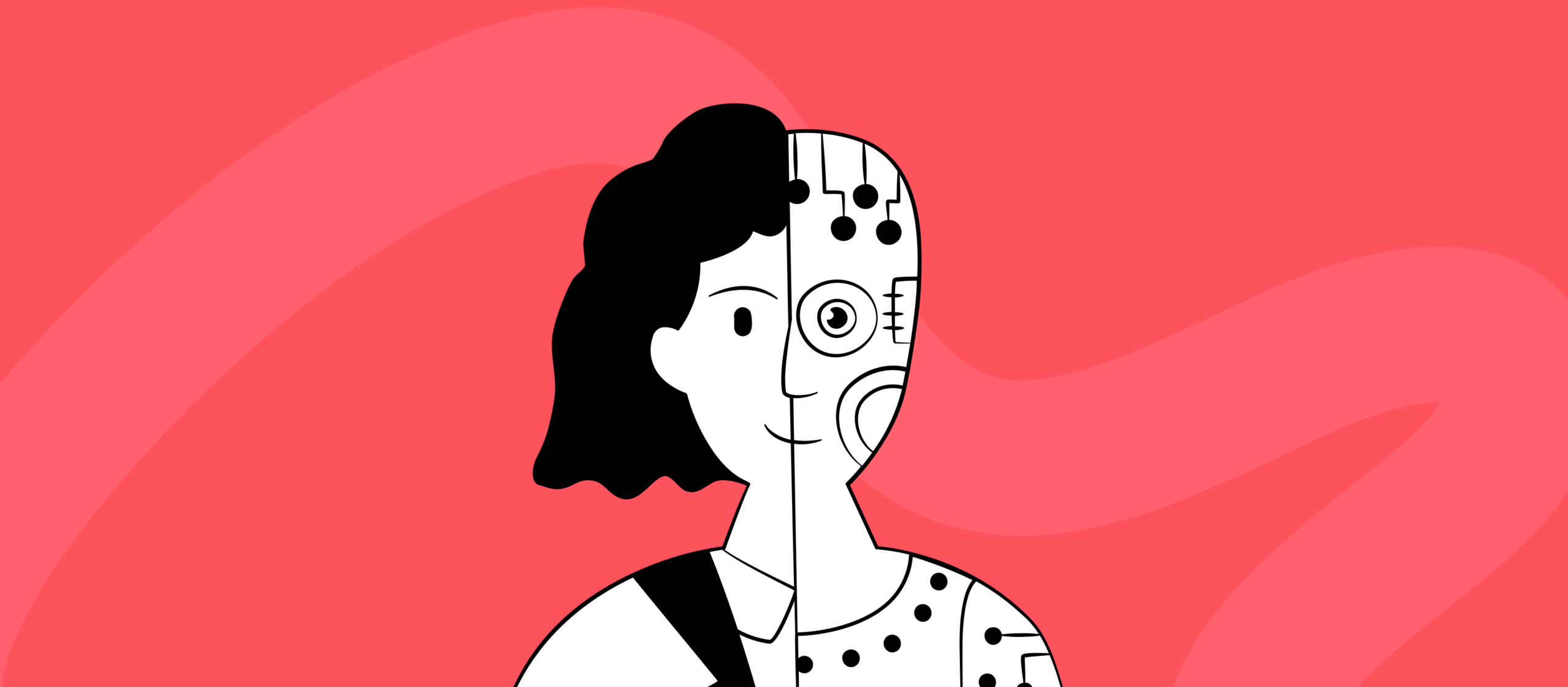 Ilustracja przedstawiająca połączenie człowieka i sztucznej inteligencji – pół ludzka, pół robotyczna twarz na różowym tle.