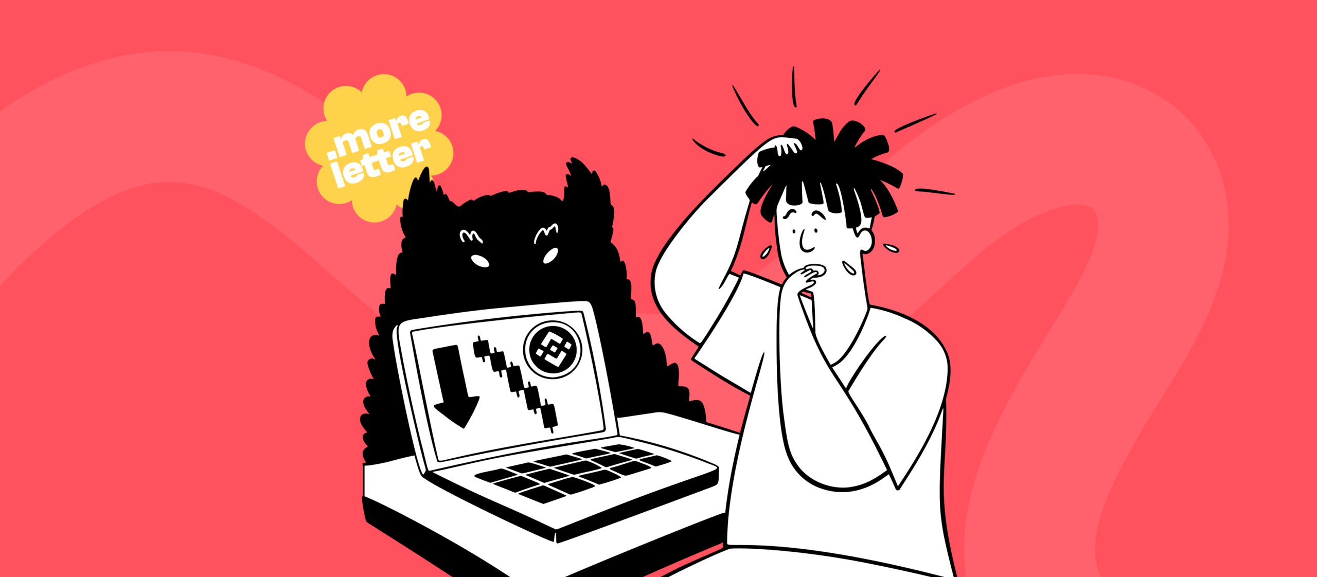 Grafika przedstawia zestresowaną postać stojącą obok laptopa z wykresem spadkowym, zza którego wyłania się ciemna sylwetka. Obraz symbolizuje niepokój związany z pogarszającymi się wynikami kampanii i sytuację, w której ładne metryki, takie jak ROAS, przestają oddawać realną kondycję biznesu. Dobrze wspiera treści o pułapkach patrzenia wyłącznie na ROAS, ryzyku błędnych decyzji i potrzebie szerszej analizy skuteczności działań marketingowych w e-commerce.