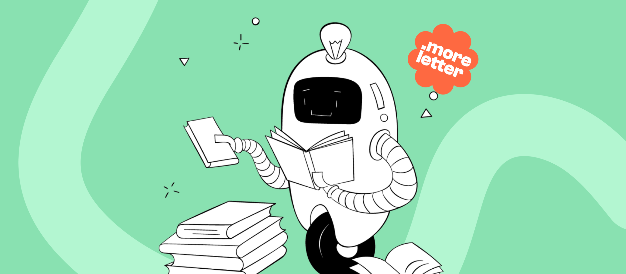 Grafika przedstawia robota z książkami, który symbolizuje sztuczną inteligencję uczącą się języka, stylu i zasad komunikacji marki. W kontekście tekstu dobrze ilustruje podejście do AI jako narzędzia wspierającego warsztat, research i tworzenie treści, a nie zastępującego strategiczne myślenie. Obraz wspiera wątek o tym, że w marketingu 2026 AI działa najlepiej wtedy, gdy jest dobrze „nakarmione” wiedzą, kontekstem i ludzkim nadzorem.