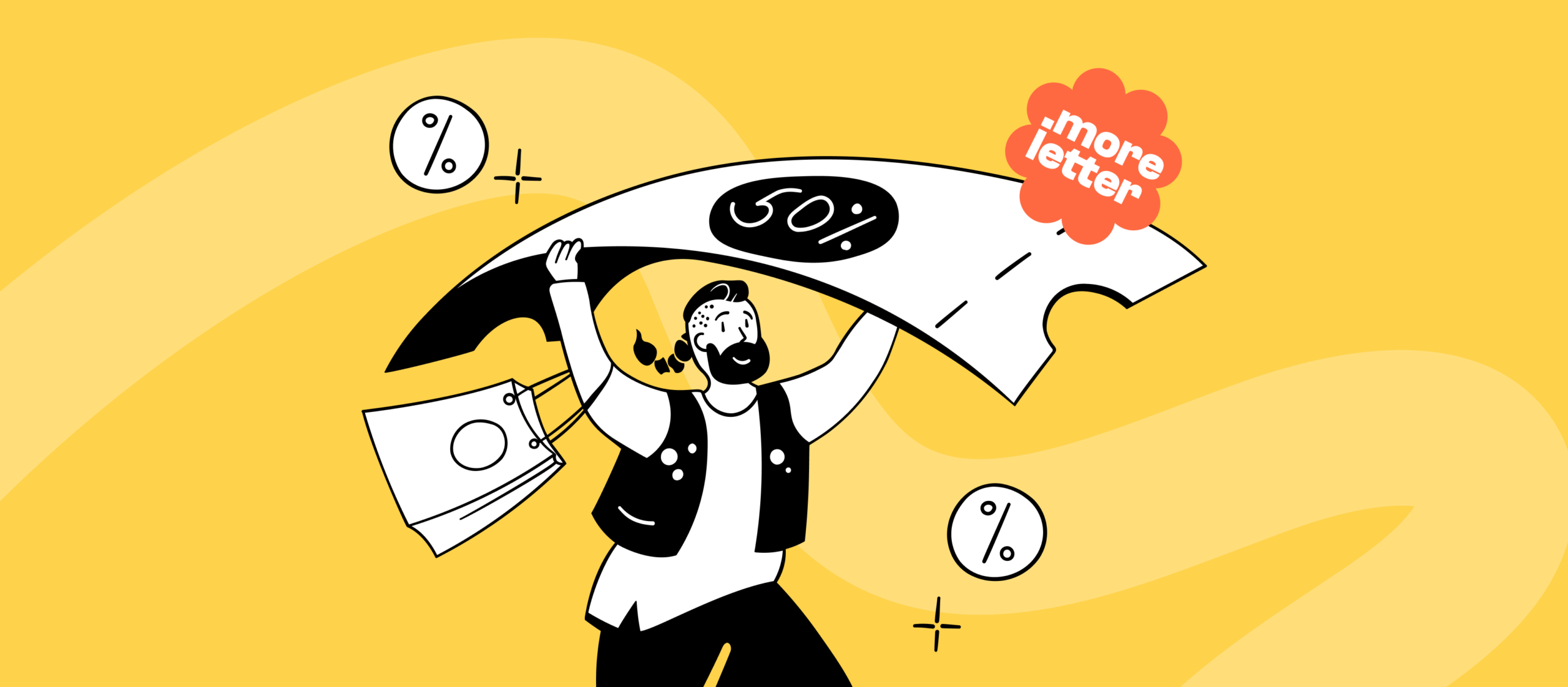 Ilustracja promocyjna Black Friday z postacią niosącą duży kupon rabatowy 50%