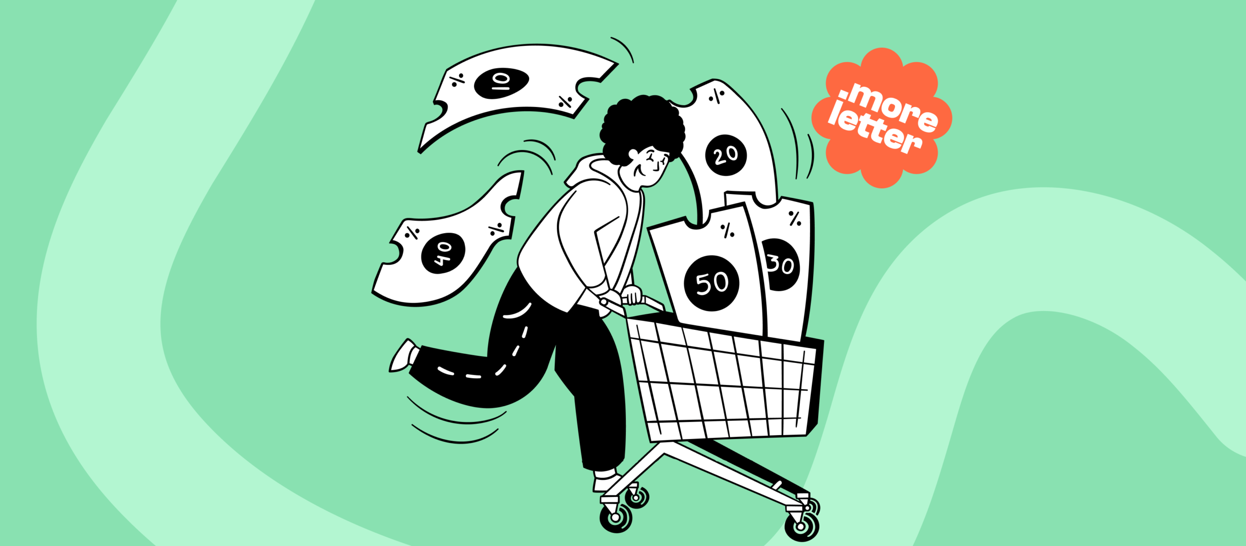 Ilustracja zakupów w czasie Black Friday z koszykiem pełnym promocji i rabatów