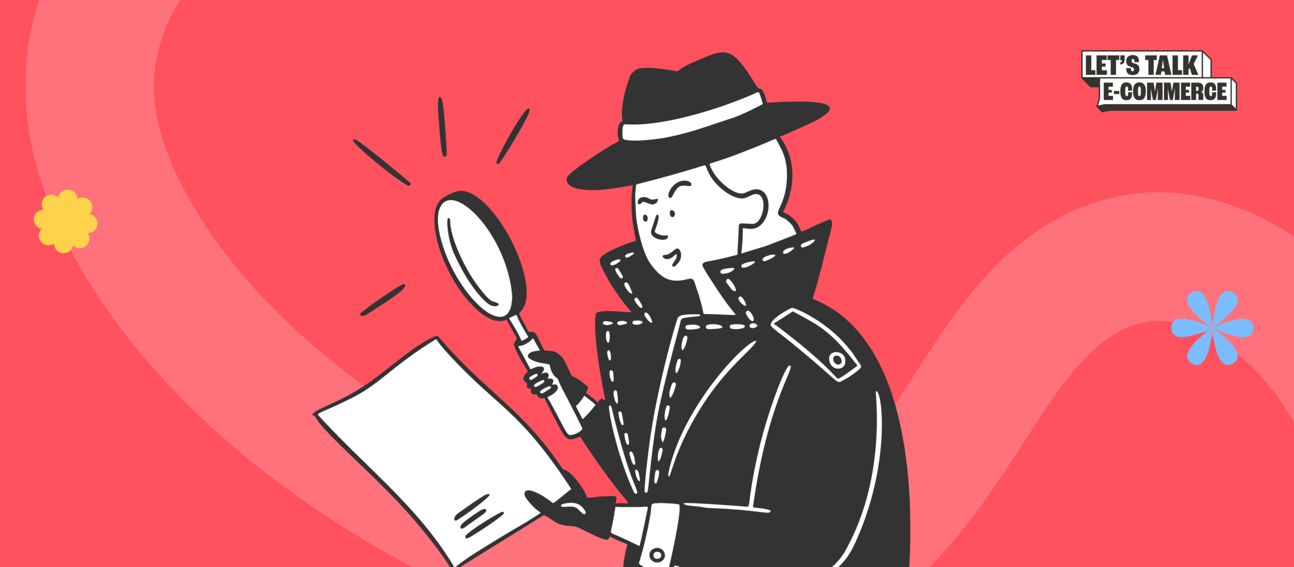 Ilustracja przedstawia postać w stylu detektywa (kapelusz, płaszcz), która przygląda się dokumentowi przez lupę — symbolizuje analizę danych, wyciąganie wniosków i poszukiwanie insightów w marketingu.