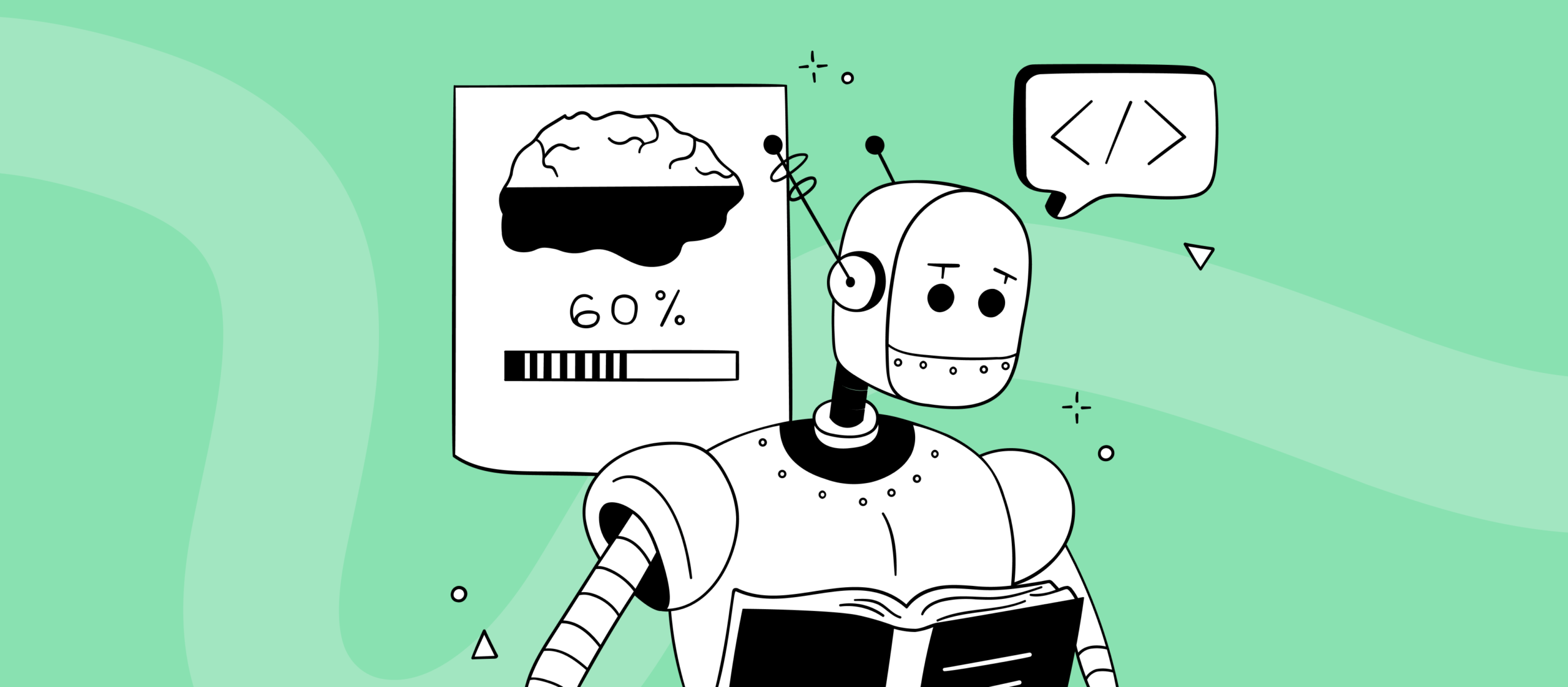Ilustracja robota analizującego informacje z książki i panelu z ikoną mózgu oraz paskiem postępu, symbolizująca wykorzystanie AI do porządkowania wiedzy, researchu i wspierania pracy marketera.