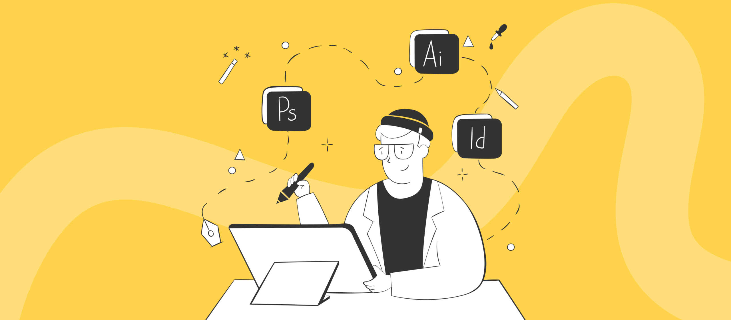 Osoba projektująca kreacje graficzne przy tablecie, otoczona ikonami narzędzi Adobe, jako symbol pracy kreatywnej w kampanii Meta Ads.